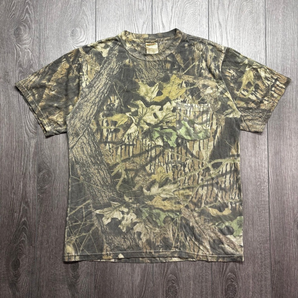 Vintage Mossy Oak Break-Up Camo Pocket T-Shirt Mens XL Green Brown Hunting Tee